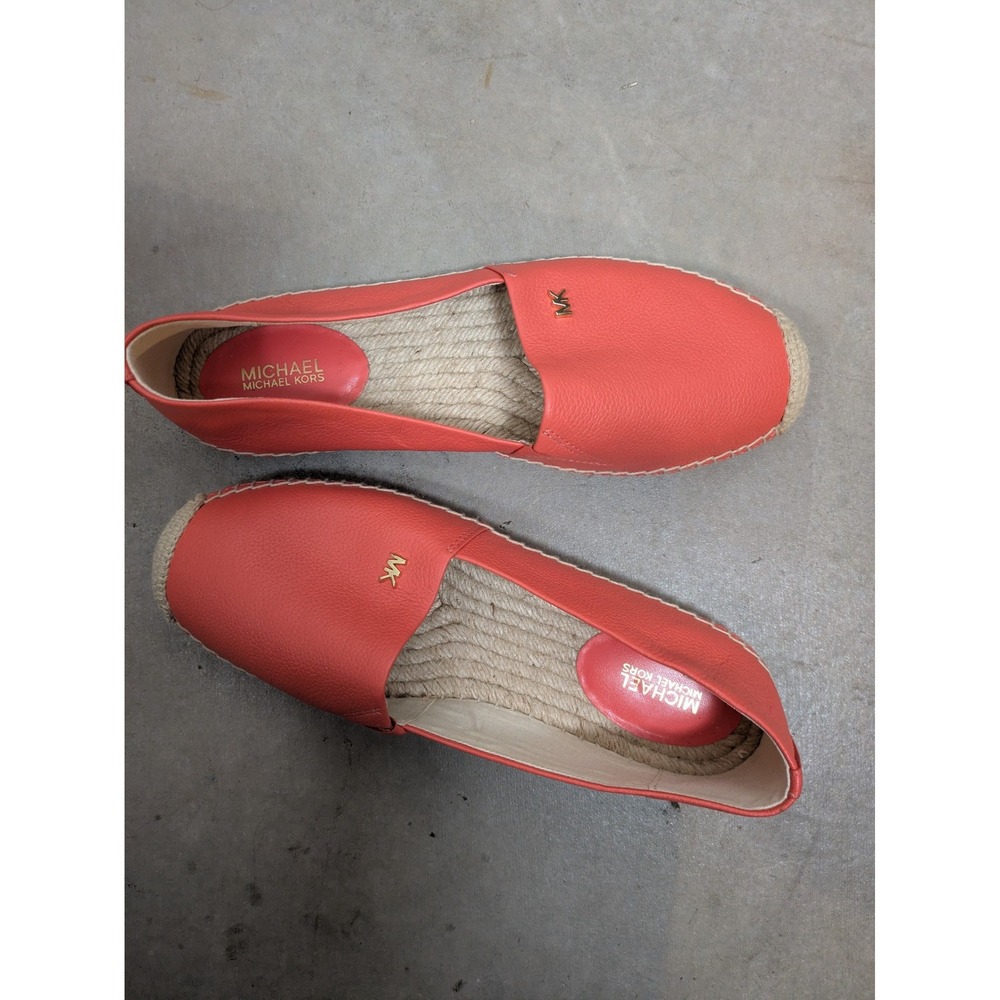 Michael Kors Espadrille Women's 7.5 Coral Leather Kendrick Slip On Gold Logo